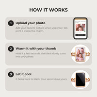 Thumbnail for How it works: upload your photo, warm the cushion-cut charm with your thumb, let it cool back to black | SKU: TPH-CUSB-GOLD