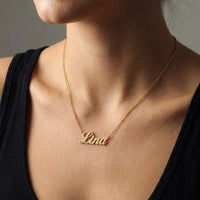Thumbnail for Minimalist Name Necklace in gold worn at the collarbone, the name Lina engraved in cursive script | SKU: minimalistnn-gold