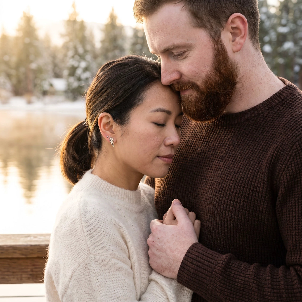 Woman wearing the silver stud earrings with her partner | SKU: 42008-silver