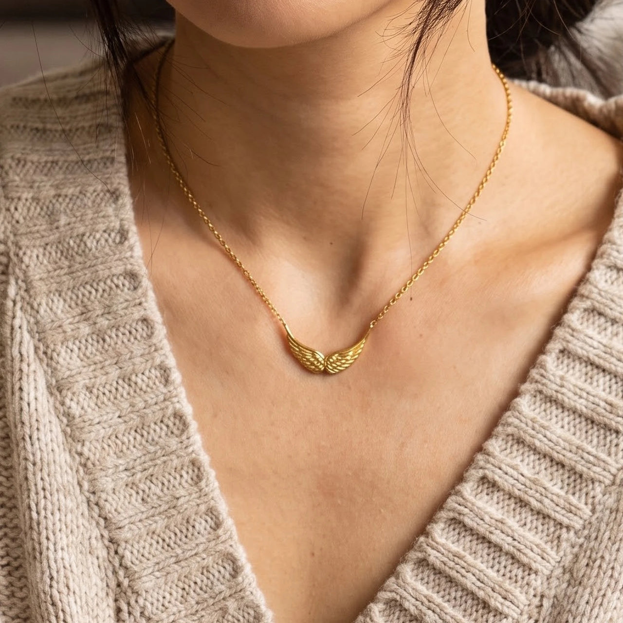 The gold necklace worn, close-up | SKU: 42001-gold