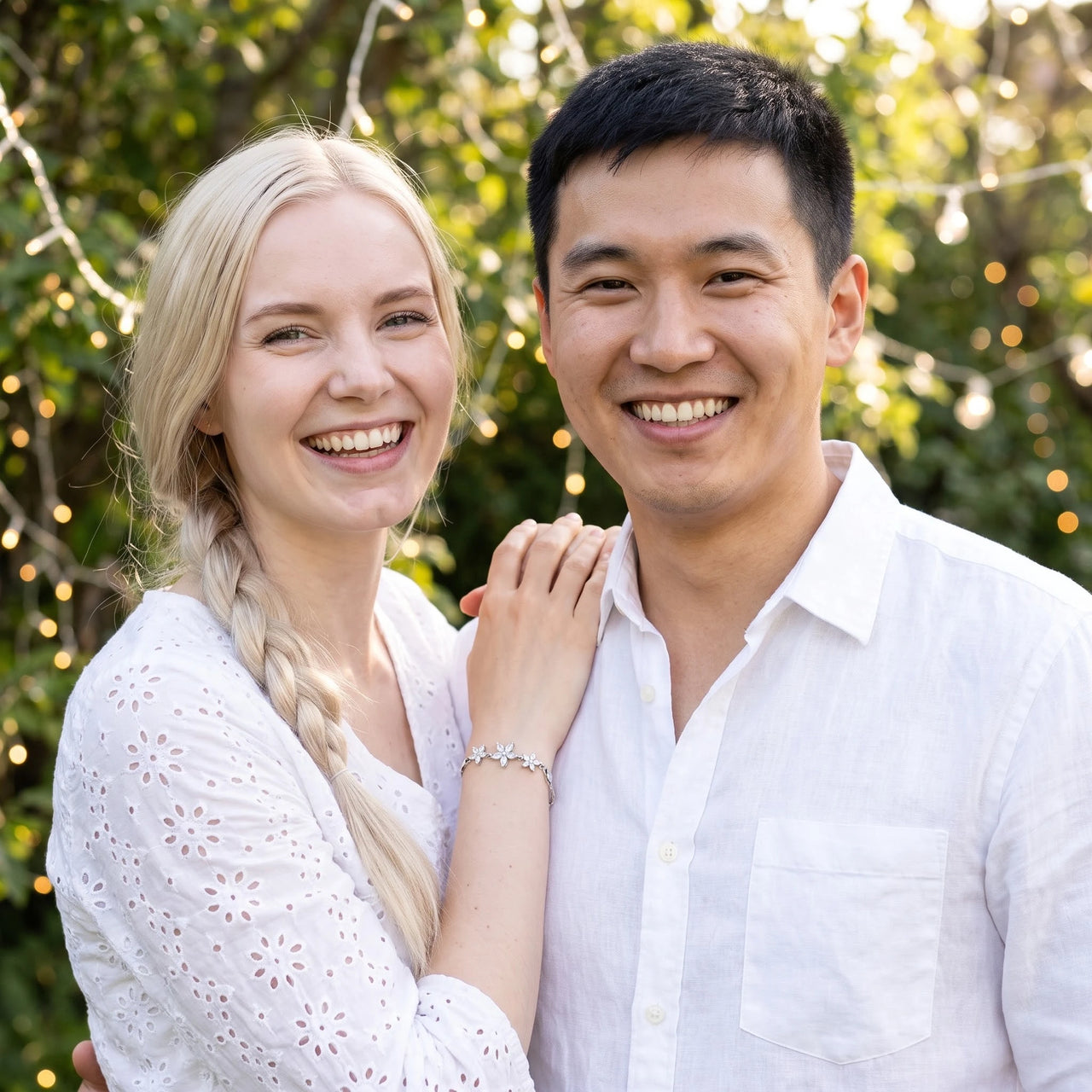 Bracelet fleur — photo en couple, argent | SKU: 422177-white-gold-XS-S