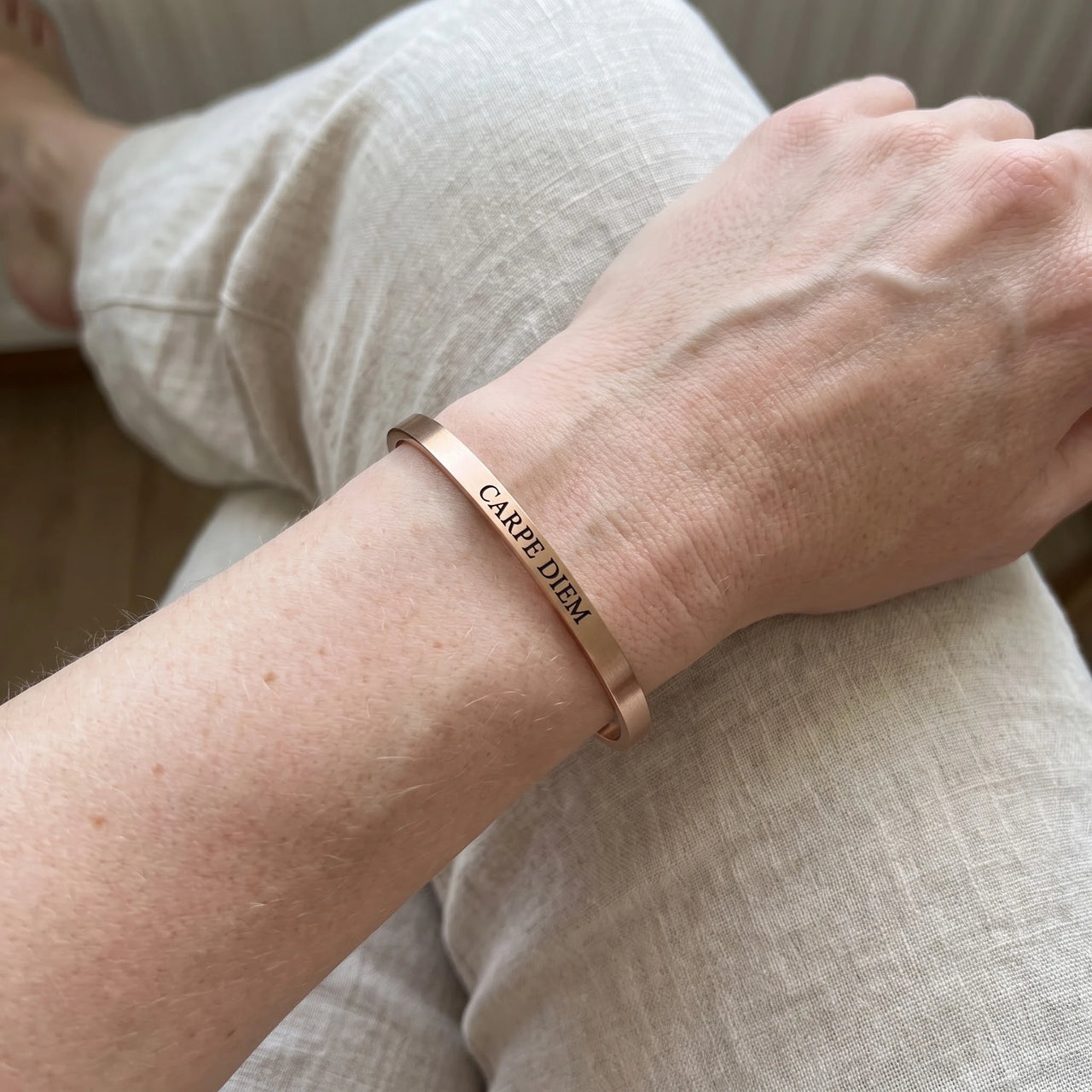 Cuff bracelet — worn, real size, rose gold | SKU: cp-rg