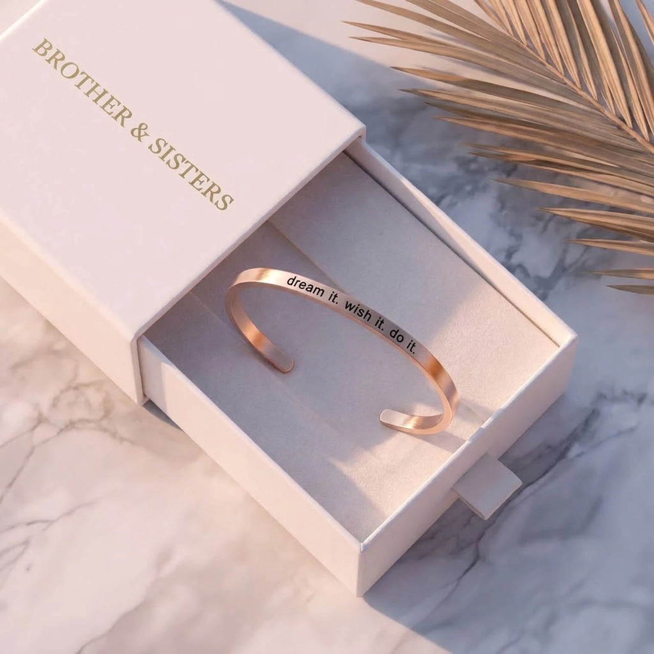 Rose gold engraved cuff bracelet in the Brother & Sisters gift box | SKU: 4214557-imitation-rhodium-plated