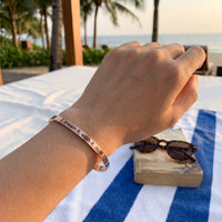 Thumbnail for Rose gold engraved cuff bracelet worn, showing its real size | SKU: 4214557-imitation-rhodium-plated
