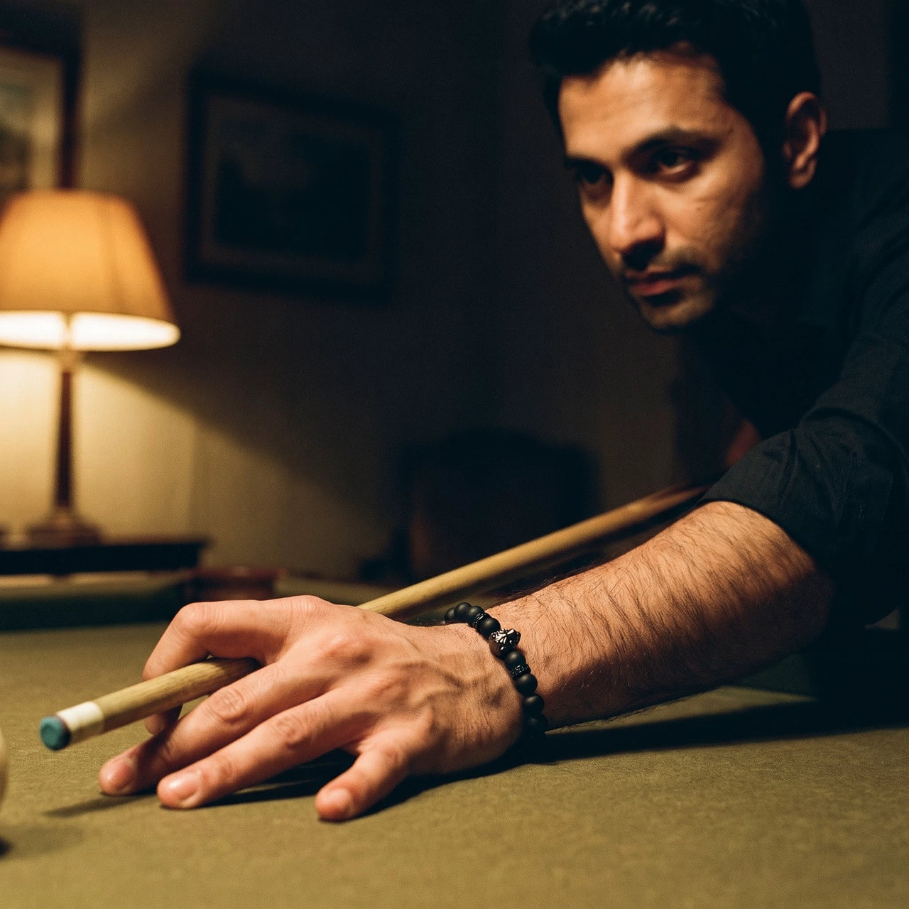 Black Lion & Black Stones Bracelet – worn while playing billiards | Brother & Sisters | SKU: 20712286-gun-black-XS-14-15, 20712286-gun-black-S-16-17, 20712286-gun-black-M-18-19, 20712286-gun-black-L-20-21, 20712286-gun-black-XL-22-23