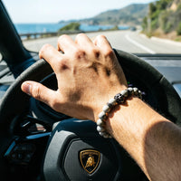 Thumbnail for Black Lion & Grey Stones Bracelet – worn at the steering wheel of a luxury car | Brother & Sisters | SKU: 20866222-gun-black-XS-14-15, 20866222-gun-black-S-16-17, 20866222-gun-black-M-18-19, 20866222-gun-black-L-20-21, 20866222-gun-black-XL-22-23