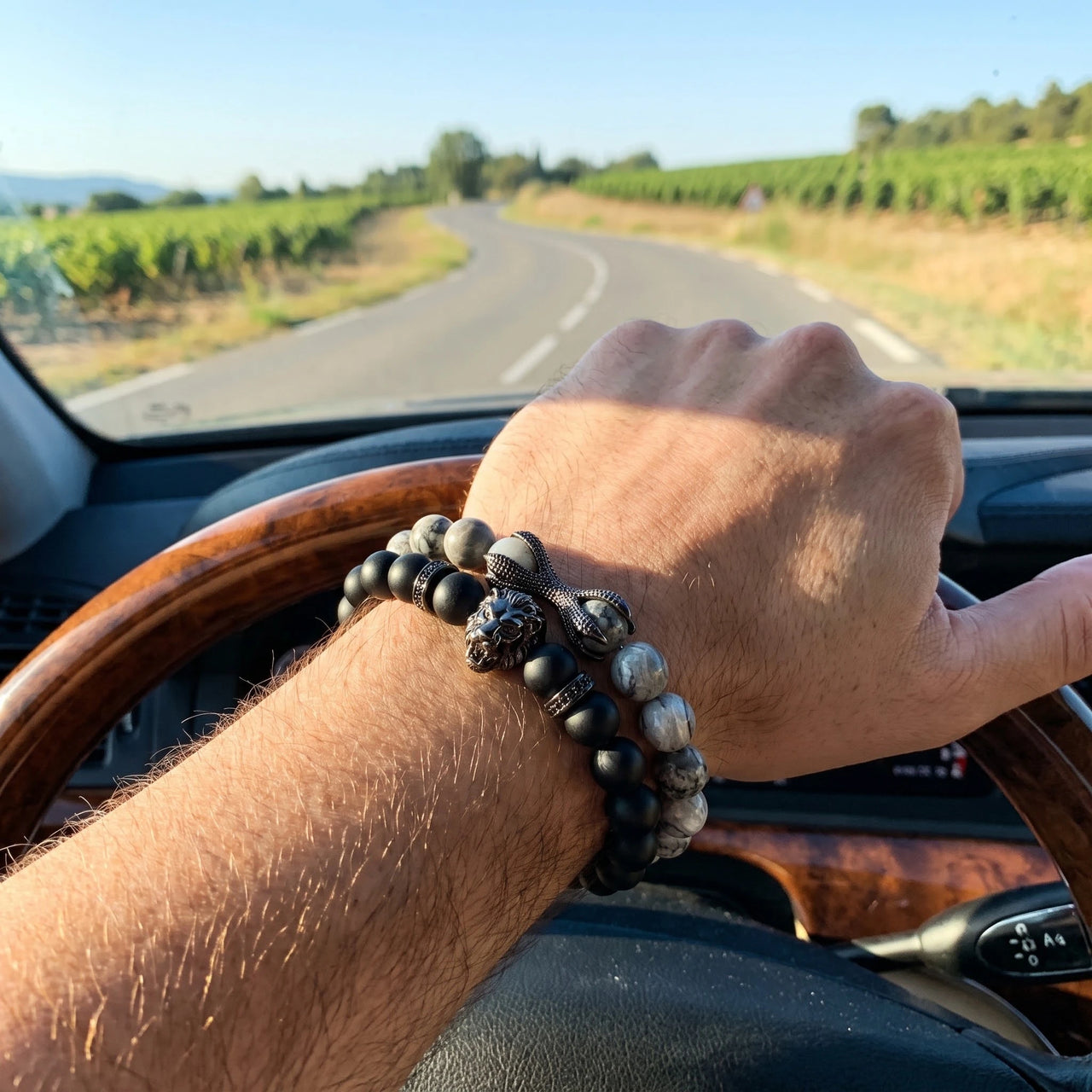 Black Lion with Black & Grey Stones Set – worn at the steering wheel | Brother & Sisters | SKU: 21369621-gun-black-XS-14-15, 21369621-gun-black-S-16-17, 21369621-gun-black-M-18-19, 21369621-gun-black-L-20-21, 21369621-gun-black-XL-22-23