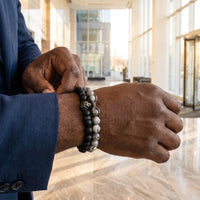 Thumbnail for Black Lion with Black & Grey Stones Set – worn with a shirt cuff | Brother & Sisters | SKU: 21369621-gun-black-XS-14-15, 21369621-gun-black-S-16-17, 21369621-gun-black-M-18-19, 21369621-gun-black-L-20-21, 21369621-gun-black-XL-22-23