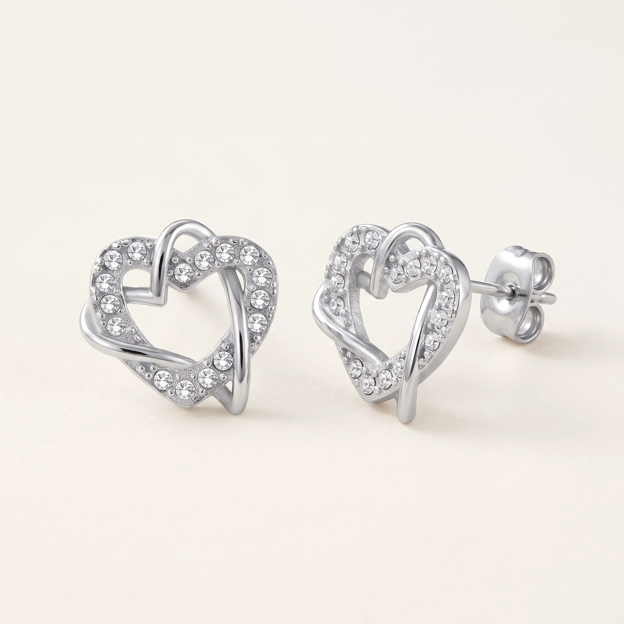Hearts with Austrian Crystals Earrings, silver stud earrings | SKU: 4478648-platinum-plated-clear