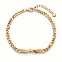 Thumbnail for Infinity Bond Matching Bracelet by Brother & Sisters features two names elegantly intertwined on a gold chain.