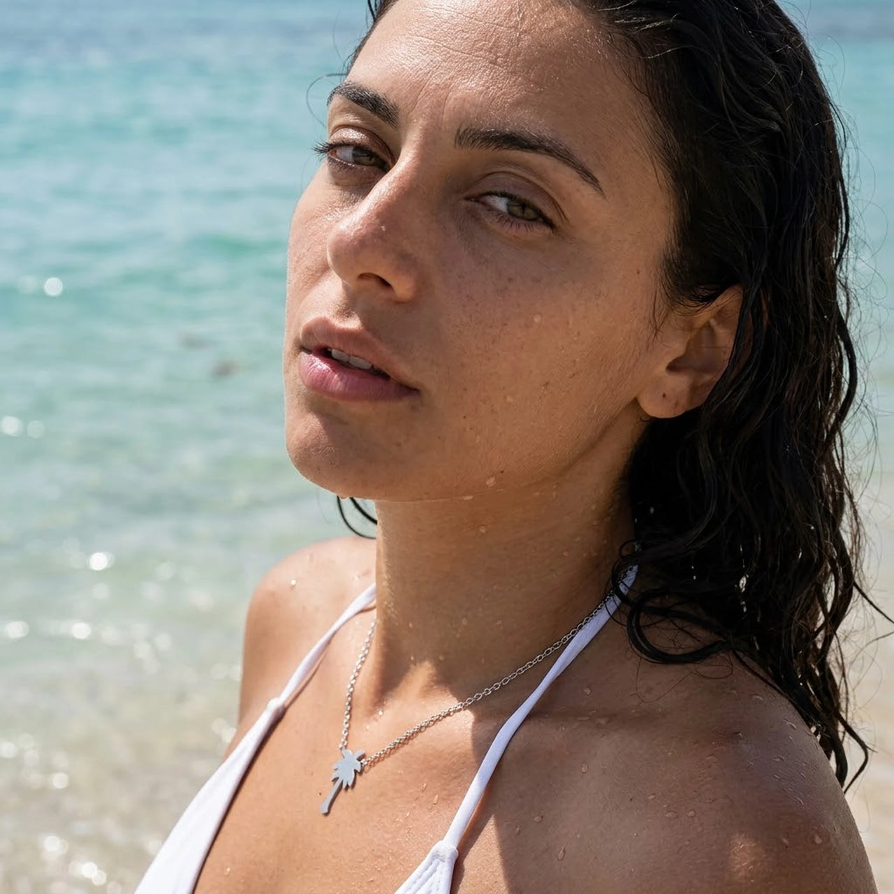 Collier palmier — photo portée dans l'eau, waterproof, argent | SKU: 8732822-silver-plated