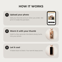 Thumbnail for How it works: upload your photo, warm the pendant with your thumb, let it cool back to black | SKU: TPH-BARN-ROSEGOLD