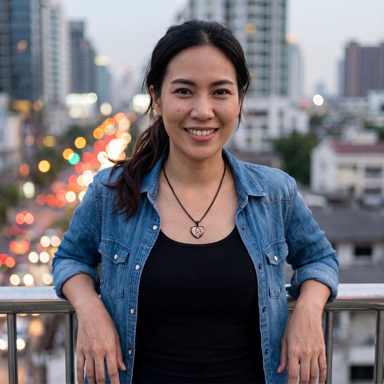Woman on a city rooftop wearing the black secret heart photo necklace | SKU: TPH-CHTN-BLACK-SMALL