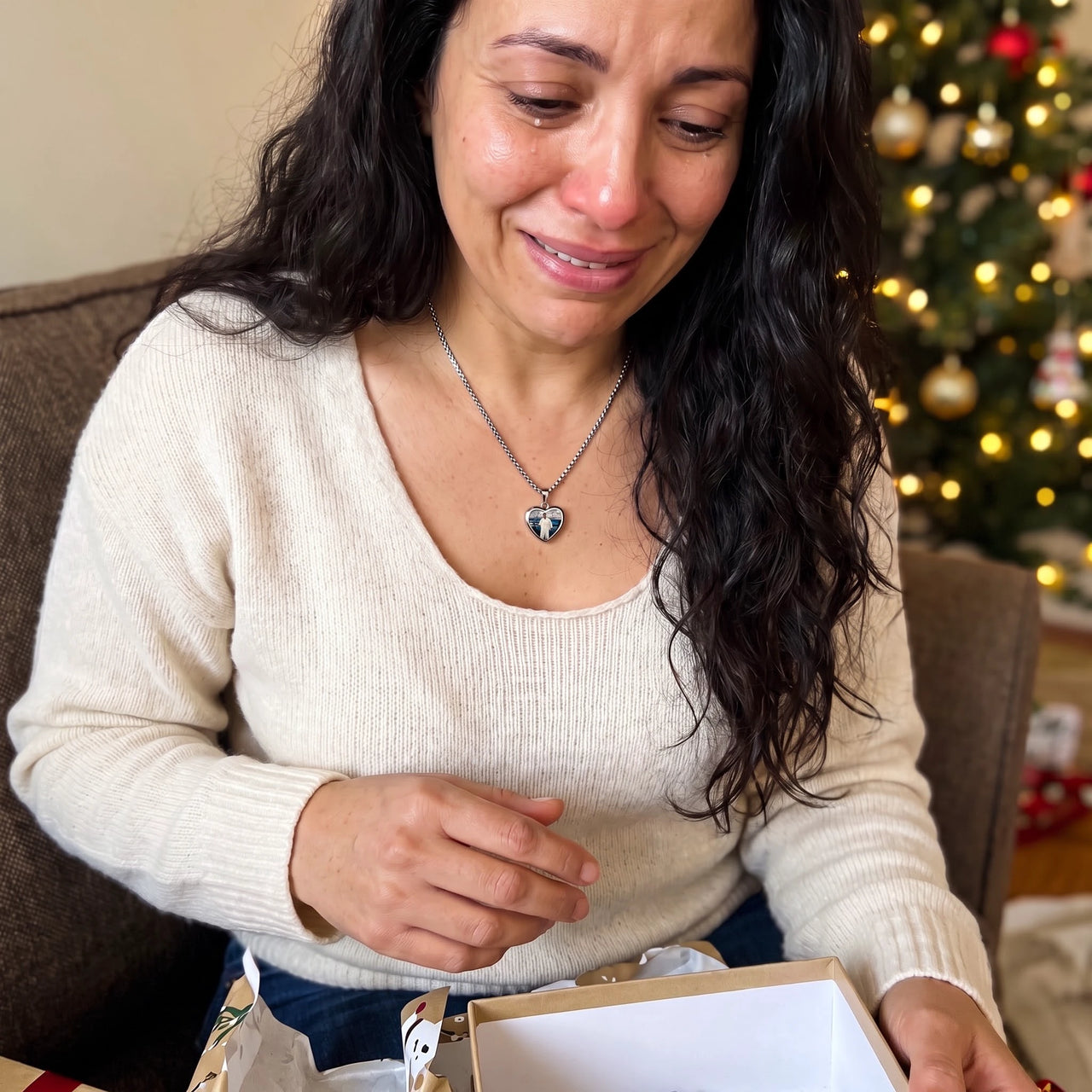 Woman moved to tears after unwrapping the silver secret heart photo necklace | SKU: TPH-CHTN-SILVER-SMALL