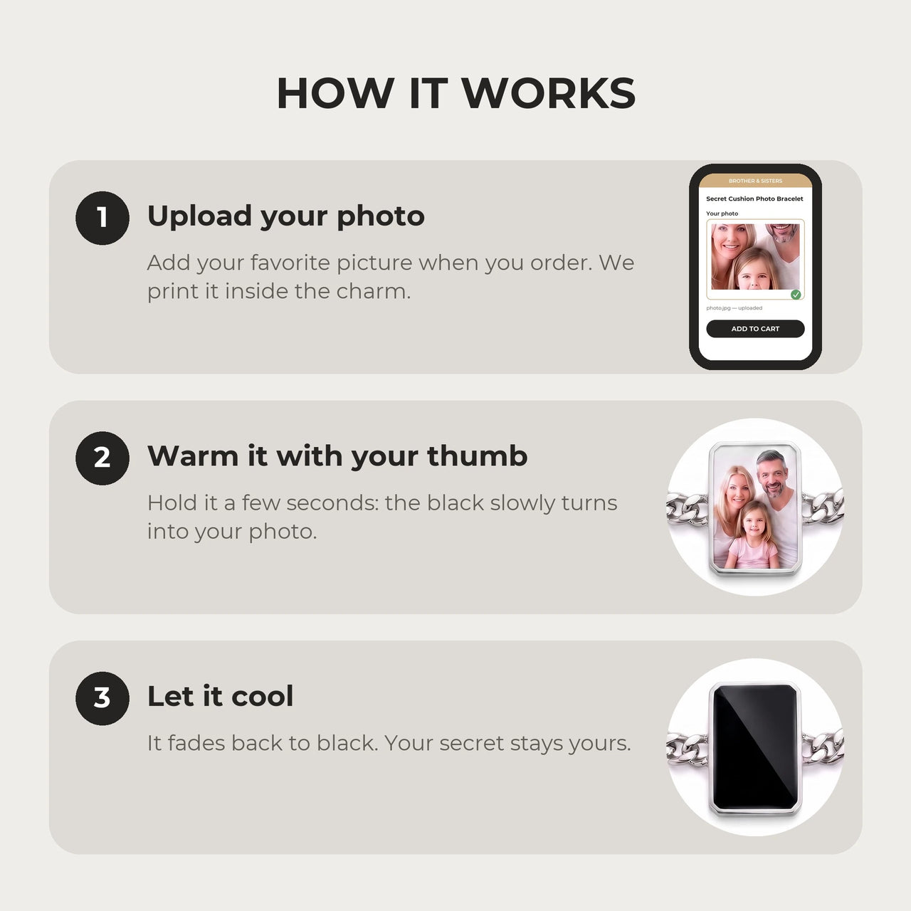 How it works: upload your photo, warm the cushion-cut charm with your thumb, let it cool back to black | SKU: TPH-CUSB-SILVER
