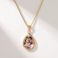 Thumbnail for Secret Drop Photo Necklace in gold, teardrop pendant on a box chain showing the hidden photo | SKU: TPH-DRPN-GOLD