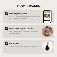 Thumbnail for How it works: upload your photo, warm the pendant with your thumb, let it cool back to black | SKU: TPH-DRPN-SILVER