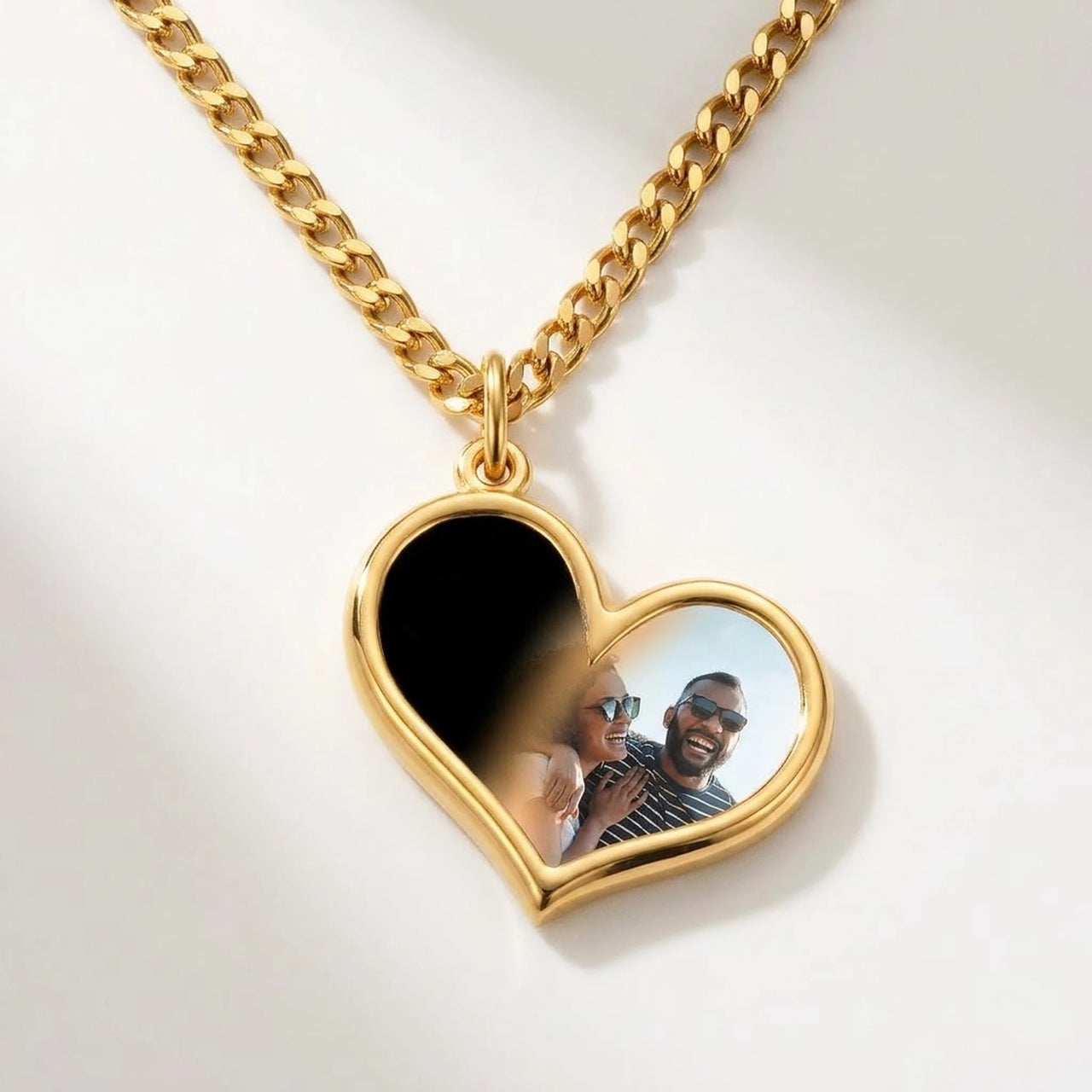Secret Heart Photo Necklace in gold, black heart pendant turning into a hidden photo when warmed | SKU: TPH-HRTN-GOLD