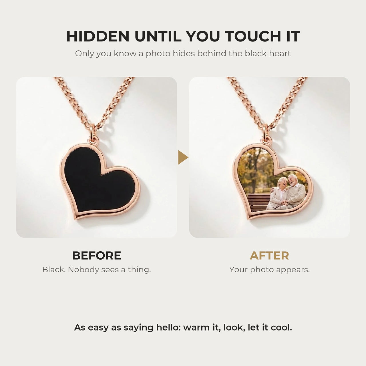 Before and after: black rose gold heart pendant, then the photo revealed by warmth | SKU: TPH-HRTN-ROSEGOLD
