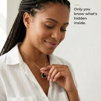 Thumbnail for Woman touching the black rose gold heart pendant with a secret smile, only she knows the photo inside | SKU: TPH-HRTN-ROSEGOLD