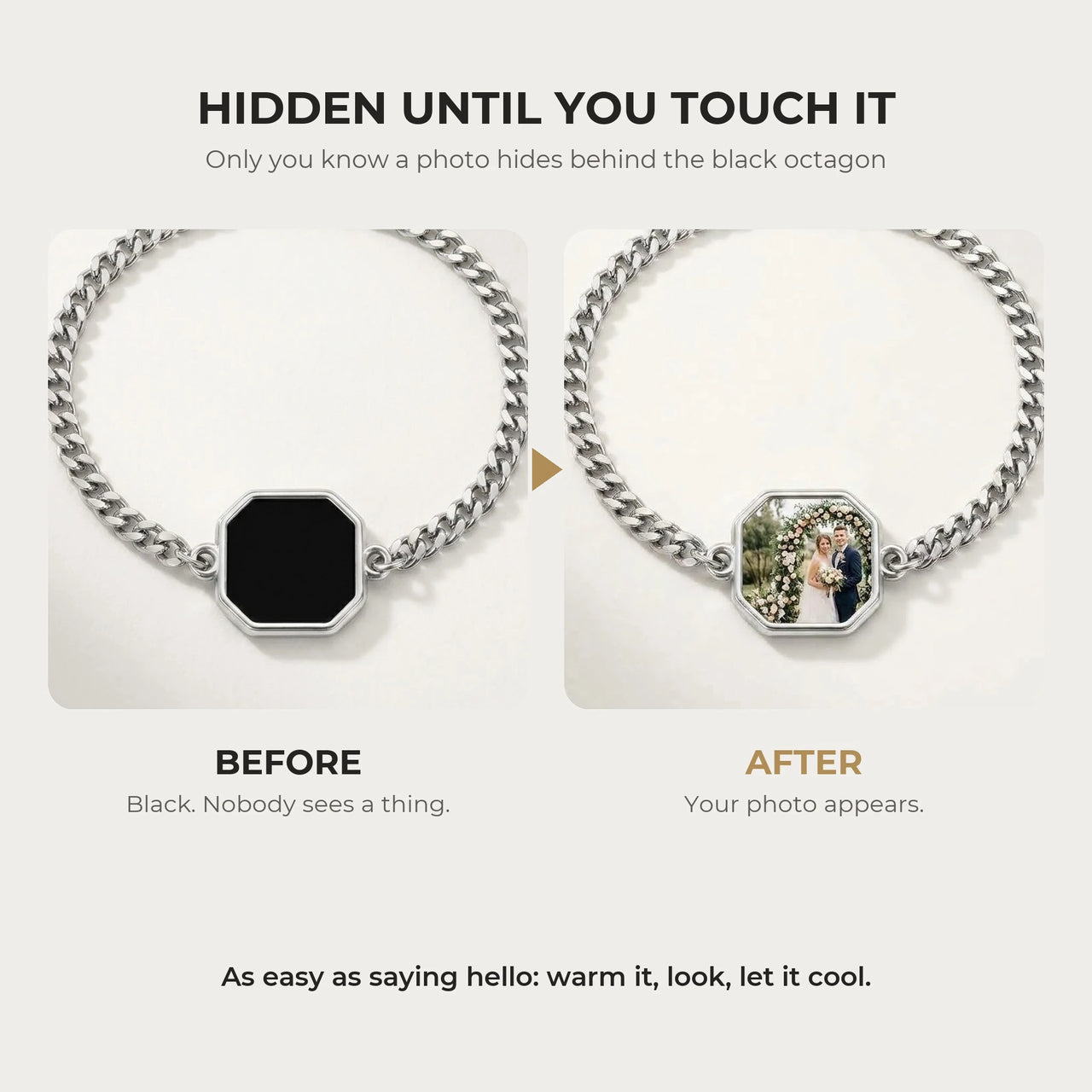 Before and after: black octagon charm on the silver bracelet, then the photo revealed by warmth | SKU: TPH-OCTB-SILVER-18