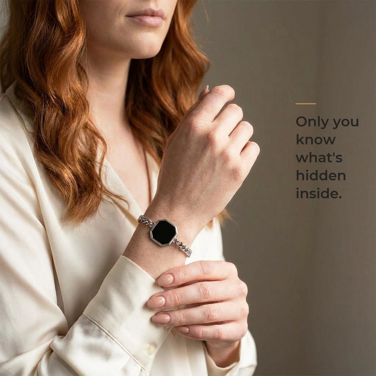 Woman wearing the silver bracelet with its black octagon charm, only she knows the photo inside | SKU: TPH-OCTB-SILVER-18