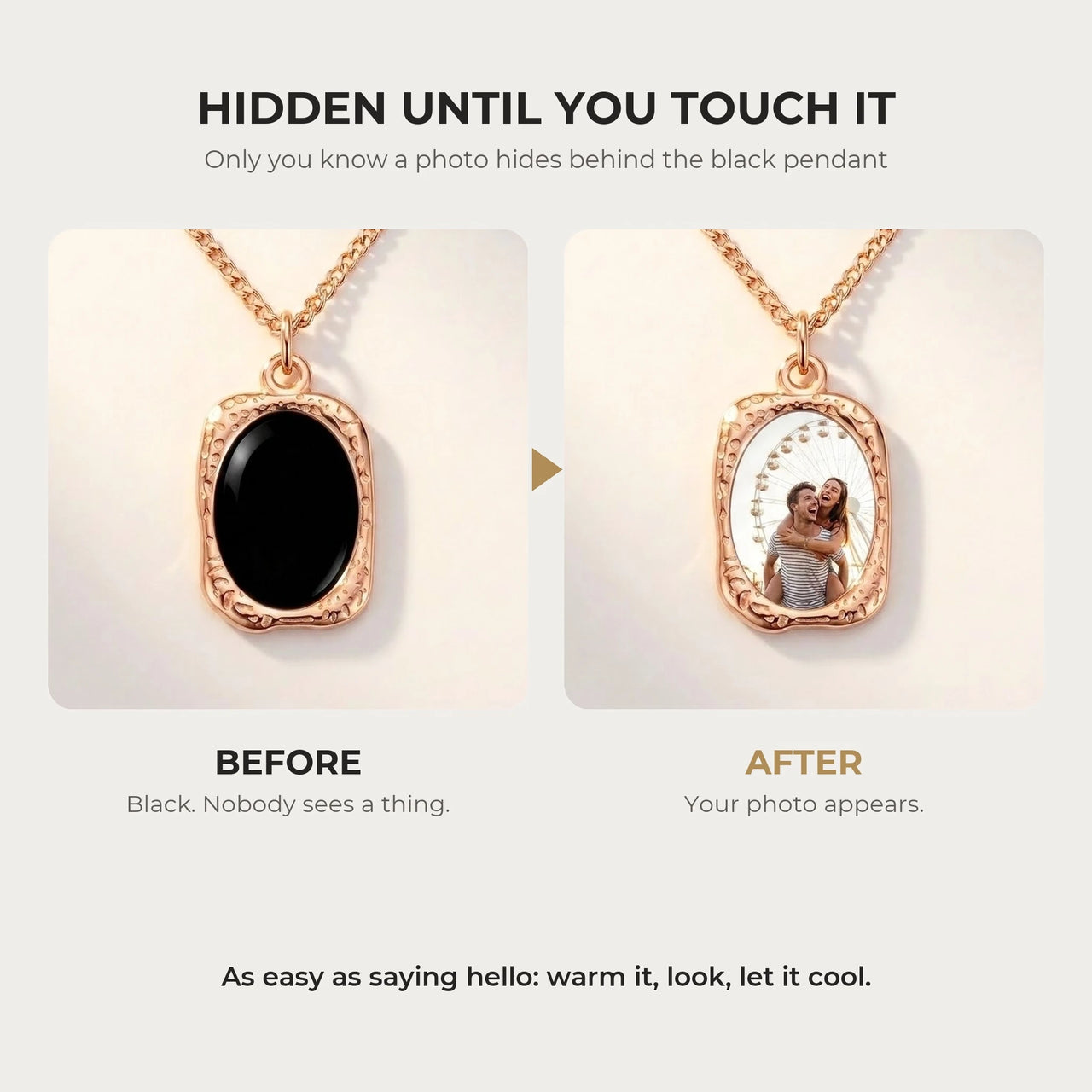 Before and after: black rose gold oval pendant, then the photo revealed by warmth | SKU: TPH-OVLN-ROSEGOLD