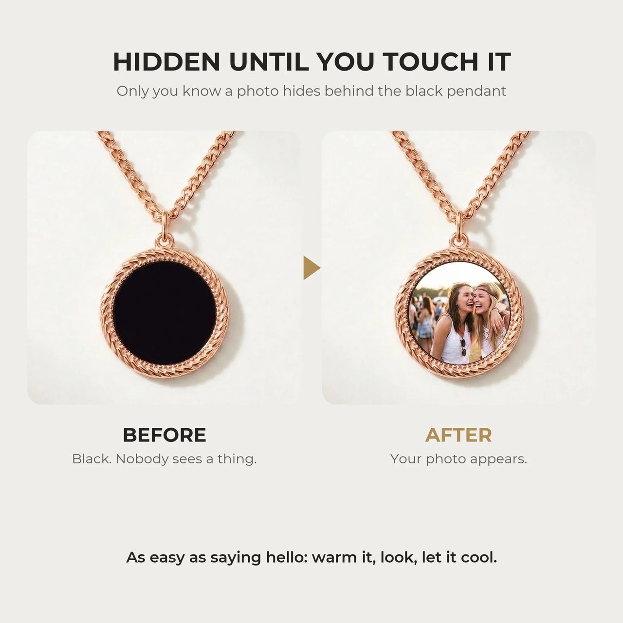 Before and after: black rose gold round pendant, then the photo revealed by warmth | SKU: TPH-RNDN-ROSEGOLD