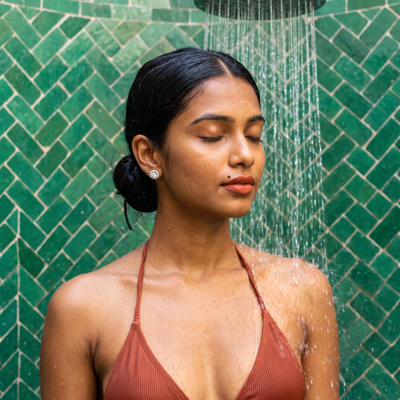 Boucles d'oreilles rondes — photo portée sous la douche, waterproof, argent | SKU: 19991927