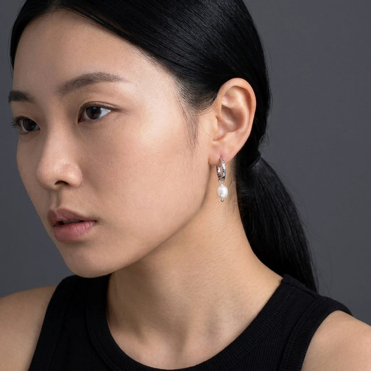 Twisted Pearl Drop Hoops in Silver, studio portrait | SKU: 41004-silver